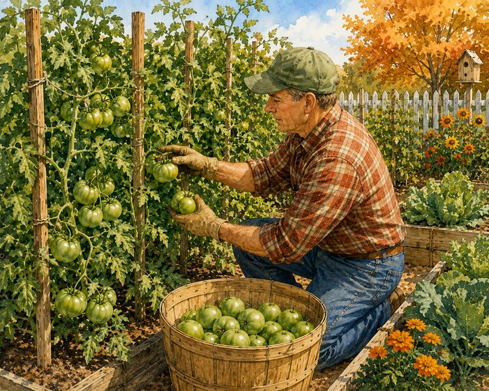 harvesting green tomatos for indoor ripening