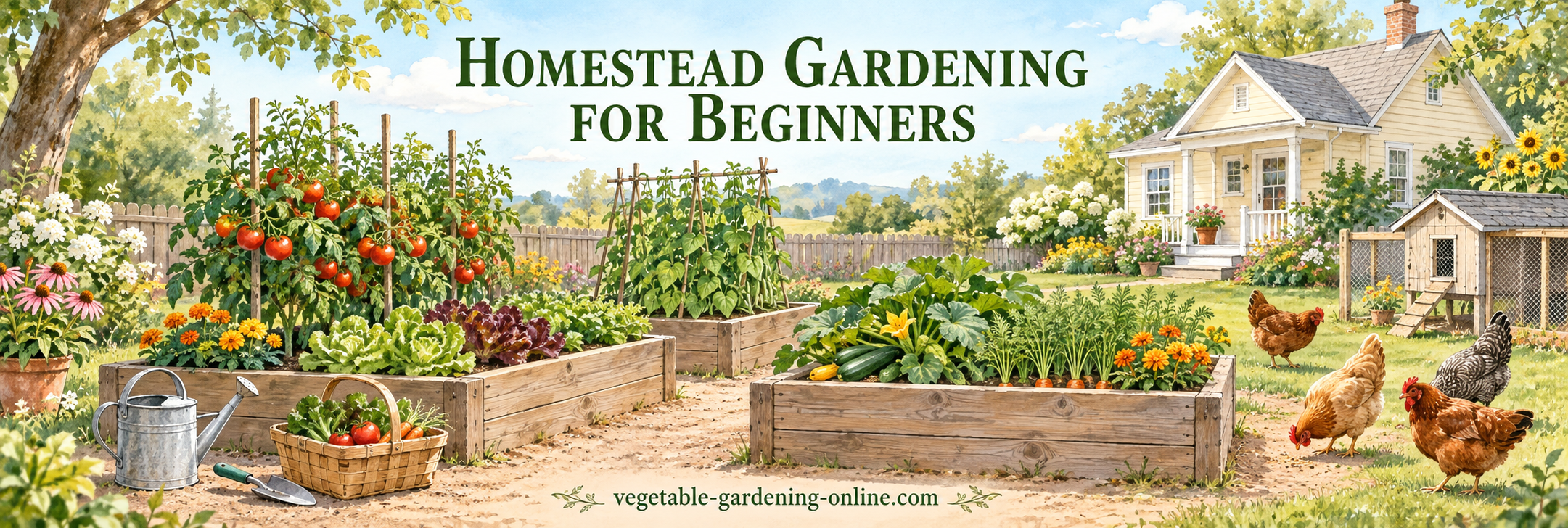 Small backyard homestead vegetable garden with a few chickens nearby