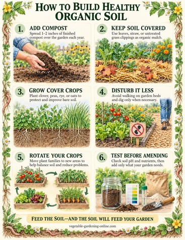 Six-step chart for building healthy organic garden soil; add compost, keep soil covered, grow cover crops, disturb it less, rotate crops, test soil before amending