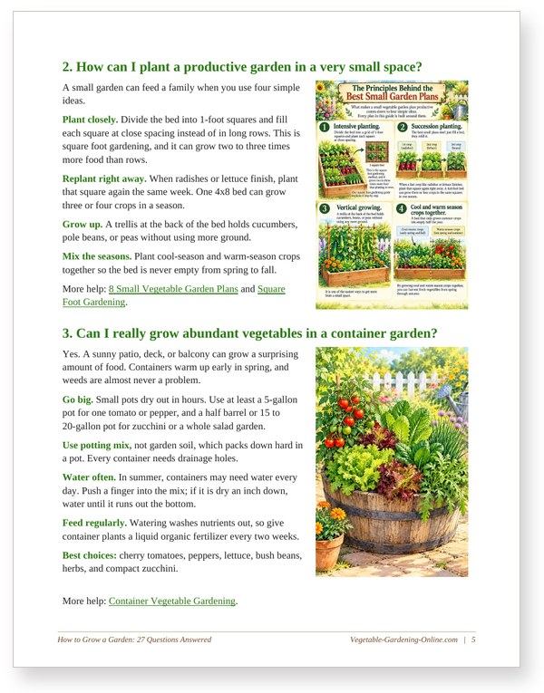 Sample page from the free how to grow a garden ebook, answering how to plant a productive garden in a small space and how to grow vegetables in containers