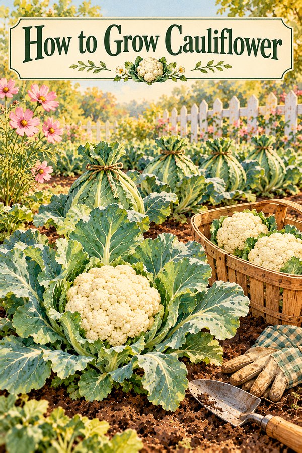 How to grow cauliflower: watercolor of a backyard vegetable garden with a large cauliflower plant and a snowy-white head in front, rows of cauliflower with leaves tied up with twine, a basket of harvested heads, gardening gloves, and a trowel by a white picket fence