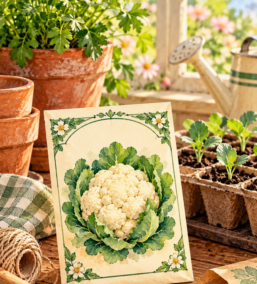 Vintage watercolor cauliflower seed packet propped on a rustic potting bench, with young cauliflower seedlings in peat pots, clay pots of parsley, a cream watering can, garden twine, and a trowel in warm sunlight