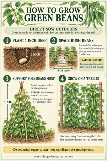 Step-by-step infographic showing planting depth and spacing for bush and pole beans