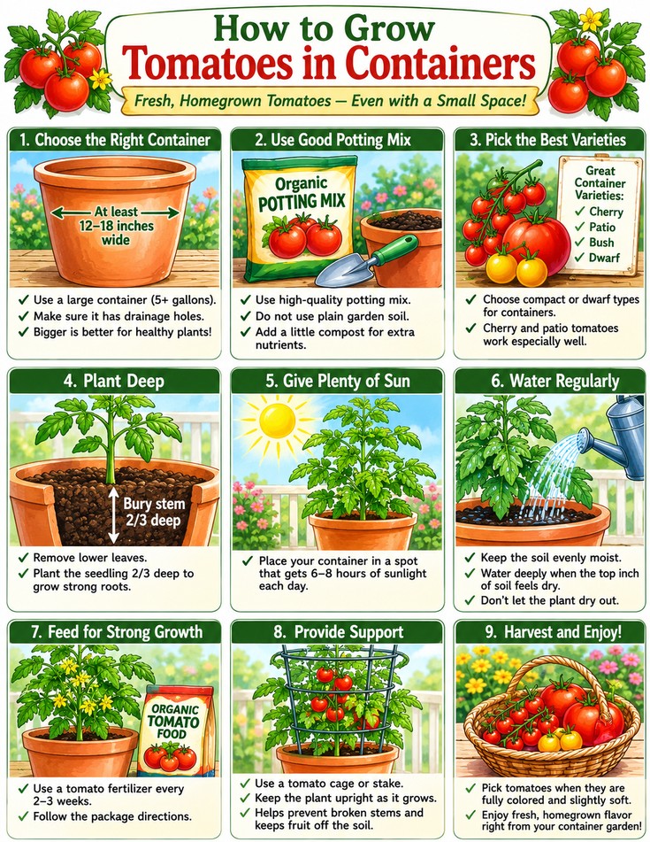 chart of how to grow tomatoes in containers or pots 