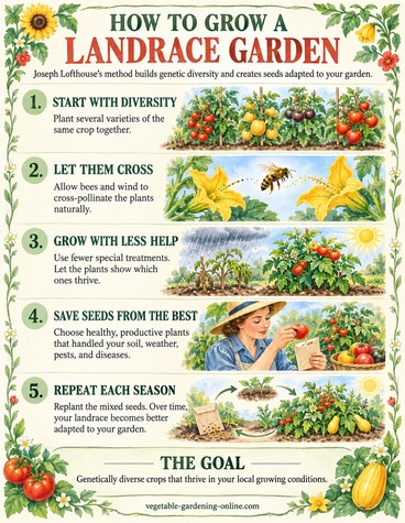 Diagram showing how to start a landrace garden by planting several varieties together;start with diversity, let them cross, grow with less help, save seeds from the best, repeat each season