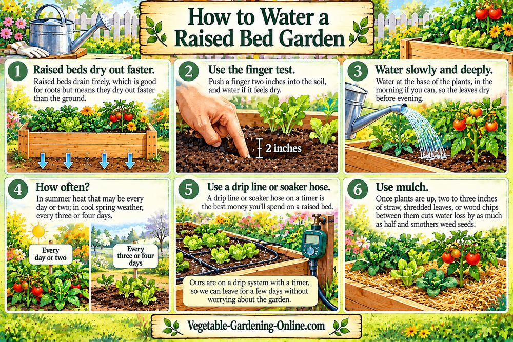 How to water a raised bed garden: beds dry out faster, use the finger test, water slowly and deeply, water every day or two in summer, use a drip line on a timer, and mulch