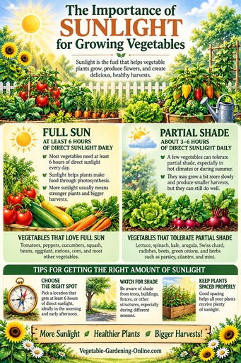 Chart showing the importance of direct sunlight for most vegetables in the garden
