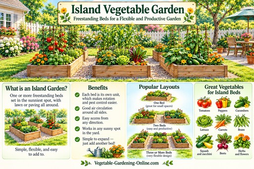 Island vegetable garden: freestanding raised beds set in lawn and gravel, with one-bed, two-bed, and three-bed layout examples