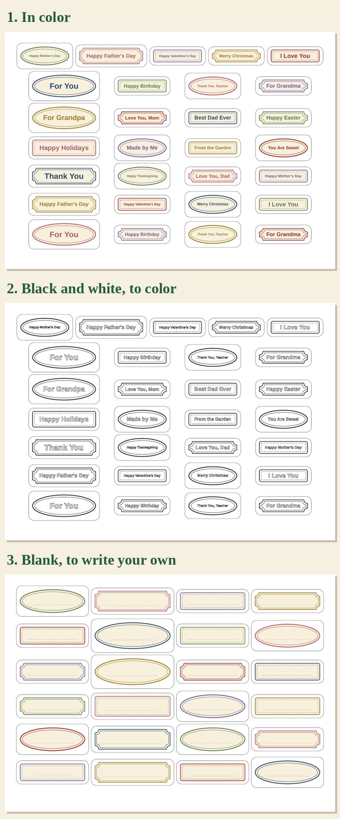 Three free printable greetings sheets: color greetings, black and white greetings to color, and blank labels to write your own message