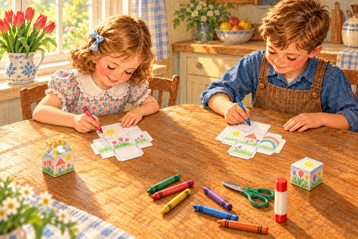 Two children drawing their own pictures of a sun, a house, flowers, and a rainbow on blank printable paper box templates, with a finished gable box and a square box on the table