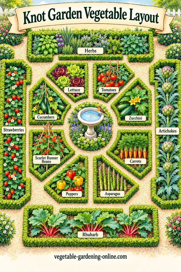 Knot garden vegetable layout: geometric hedged beds of herbs, lettuce, tomatoes, zucchini, cucumbers, runner beans, carrots, peppers, and asparagus around a birdbath, with strawberries, artichokes, and rhubarb