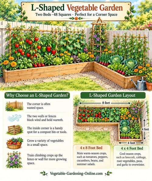 L-shaped vegetable garden plan with a 4x8 bed of tomatoes and peppers and a 4x4 bed of cabbage, lettuce, and radishes in a sunny fence corner