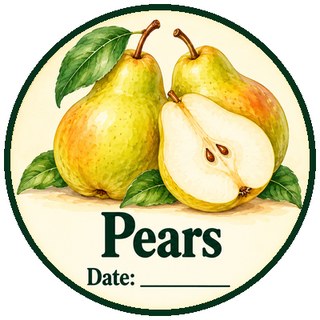 Printable canning jar label for pears with golden pears and a sliced pear