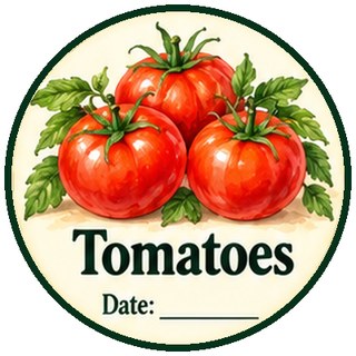 Printable canning jar label for tomatoes with a watercolor picture of red tomatoes