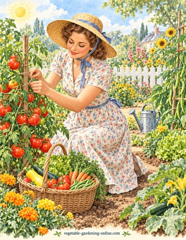 Gardener tending a diverse row of vegetable plants using the landrace gardening method