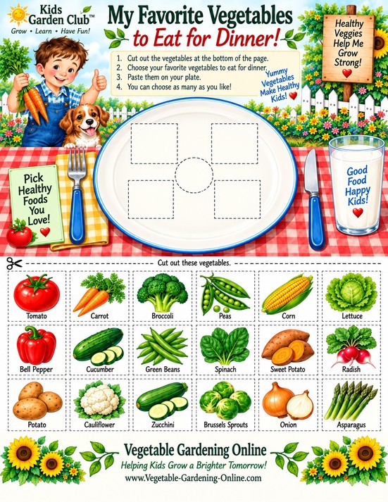 My Favorite Vegetables to Eat for Dinner cut and paste activity: a dinner plate to fill with 18 cut-out vegetables, with a boy and his puppy