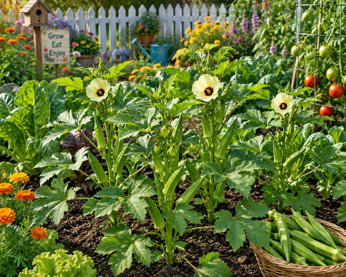 okra plants growing and blooming in the garden