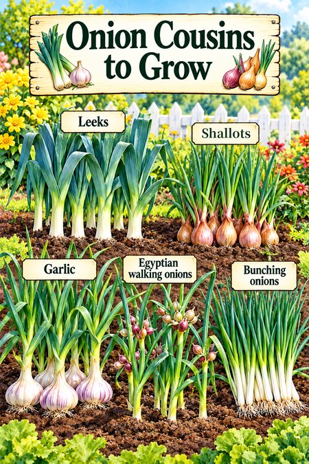 Onion relatives to grow in the vegetable garden: leeks, shallots, garlic, Egyptian walking onions, and bunching onions