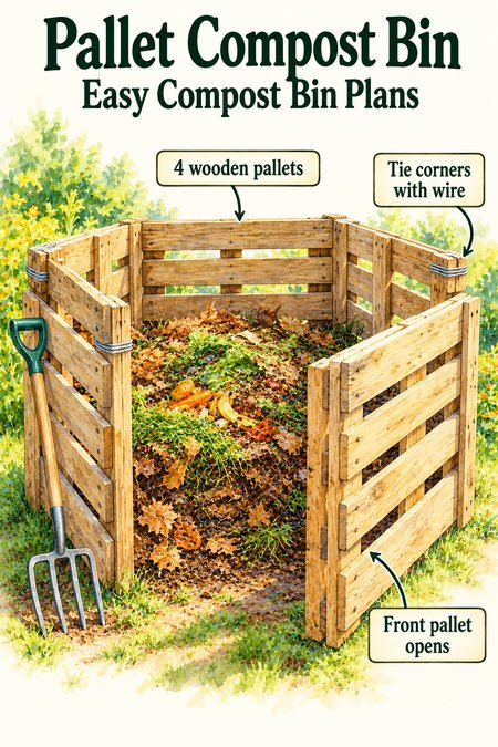 Pallet compost bin made from four wooden shipping pallets tied together at the corners with wire, with a front pallet that opens like a gate