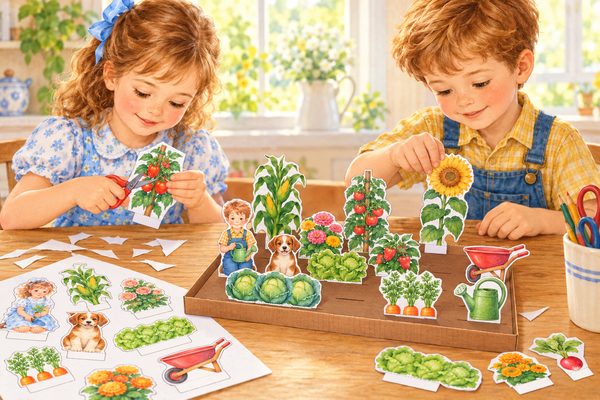 Paper garden craft for kids: a girl cutting out a paper tomato plant while a boy plants a paper sunflower in a raised bed of paper vegetables, flowers, a puppy, and a watering can