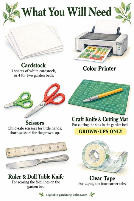 What you will need for the paper garden craft: white cardstock, a color printer, child-safe and sharp scissors, a craft knife and cutting mat for grown-ups, a ruler and dull table knife for scoring, and clear tape