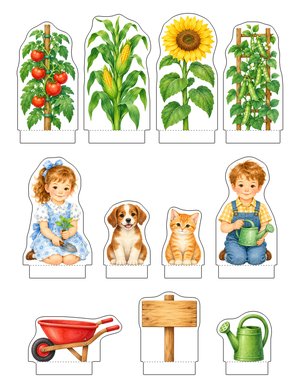 Cut-out sheet with tall plants, two children, a puppy, a kitten, and garden tools
