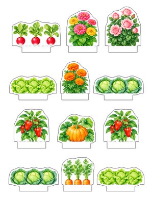 Cut-out sheet with vegetables and flowers for the paper garden