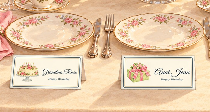 Free printable birthday place cards standing at the plates on a party table
