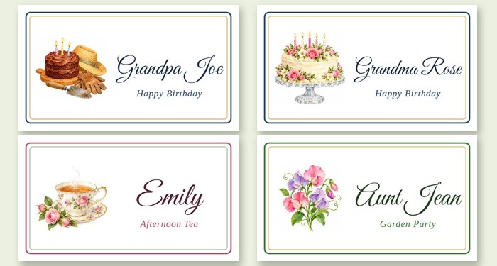 Free printable place cards for birthdays, tea parties, and garden parties