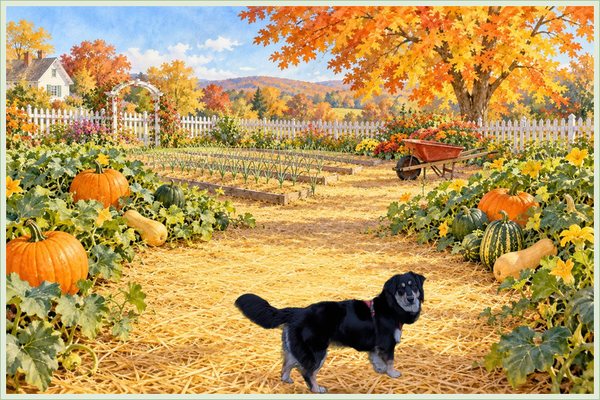 Free printable pet calendar page: Lily, a black corgi and golden retriever mix, standing on the straw path in an October garden with pumpkins