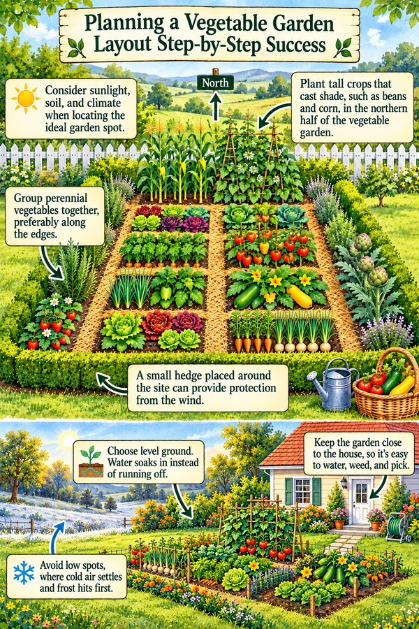 Planning a vegetable garden layout infographic showing tall crops on the north side, perennials along the edges, a hedge for wind protection, and a level garden close to the house, away from low frosty spots