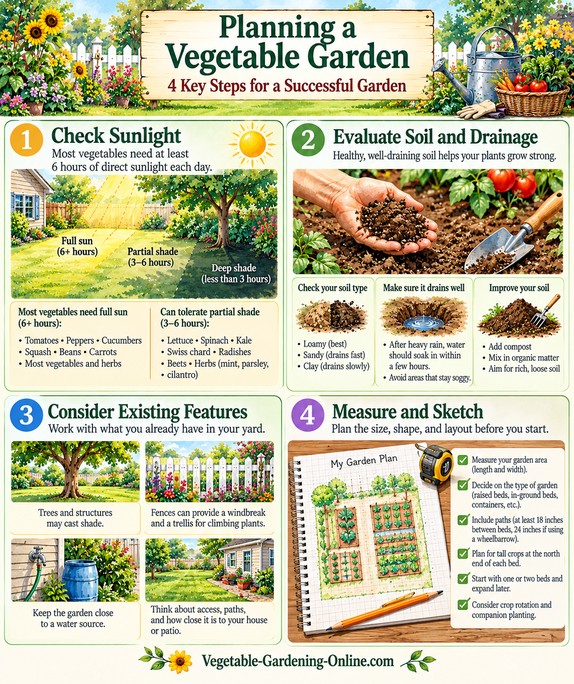 Four steps to assess your yard before designing a vegetable garden: check sunlight, evaluate soil and drainage, consider existing features, and measure and sketch