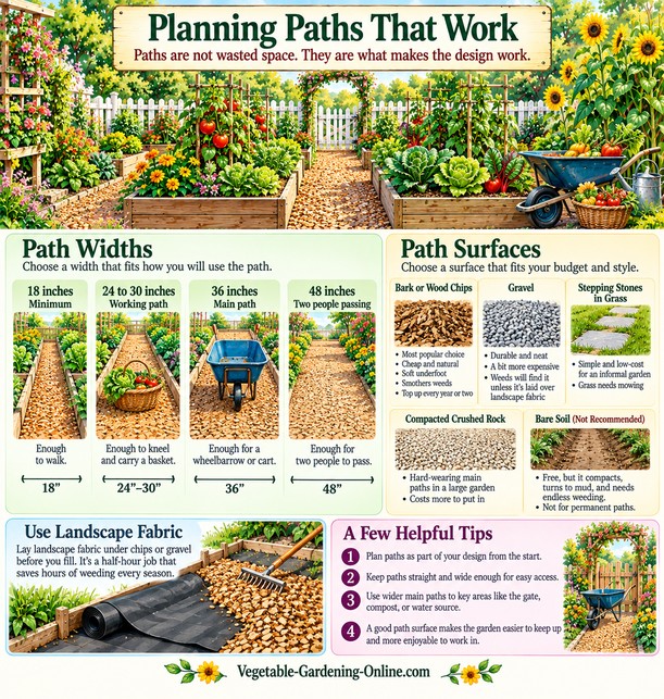 Vegetable garden path chart: widths from 18 to 48 inches, path surfaces from wood chips to gravel, and landscape fabric under paths