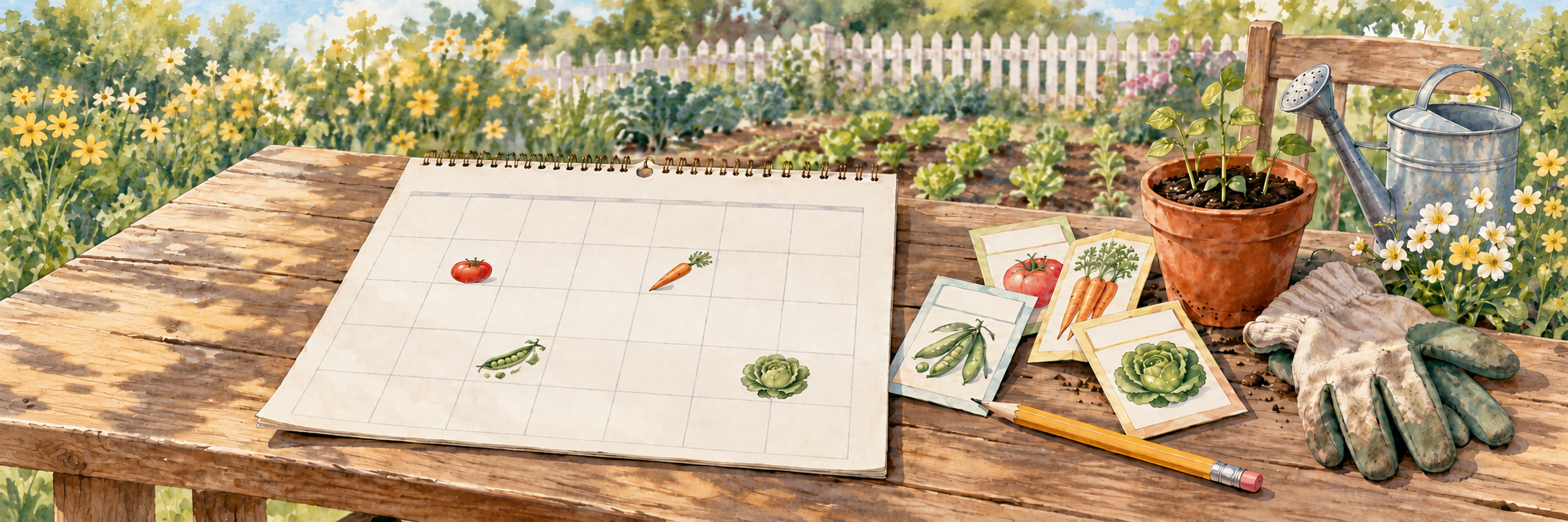 Painted illustration of a garden calendar marked with vegetables, seed packets, and seedlings on a wooden table, for the personalized vegetable planting calendar.