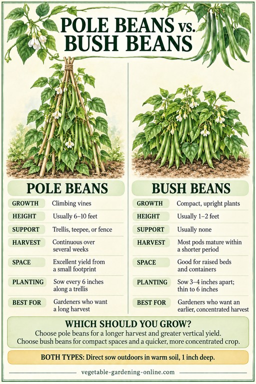 Infographic comparing pole beans and bush beans by growth habit, height, support needs, and harvest timing