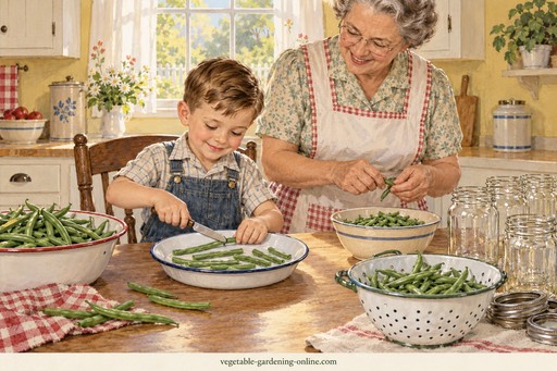 Grandmother and young boy preparing green beans together in the kitchen for canning