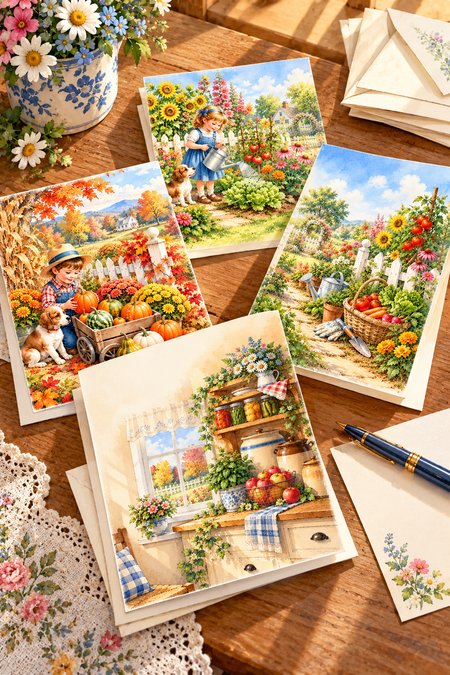 Free printable garden note card assortment shown on a writing table