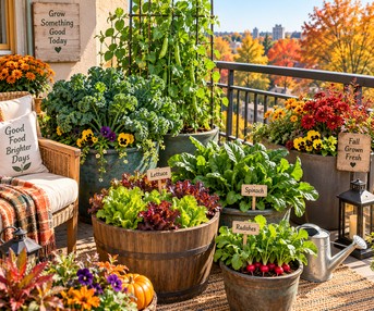Fall patio container garden with kale, peas on a trellis, lettuce, spinach, and radishes growing in barrels and pots, surrounded by autumn foliage
