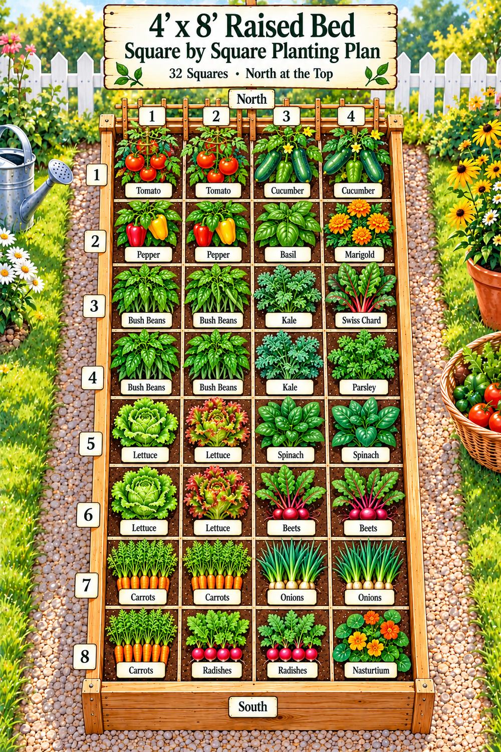 4x8 raised bed vegetable garden planting plan, square by square: tomatoes and cucumbers on a trellis at the north end, then peppers, beans, greens, and root crops toward the south