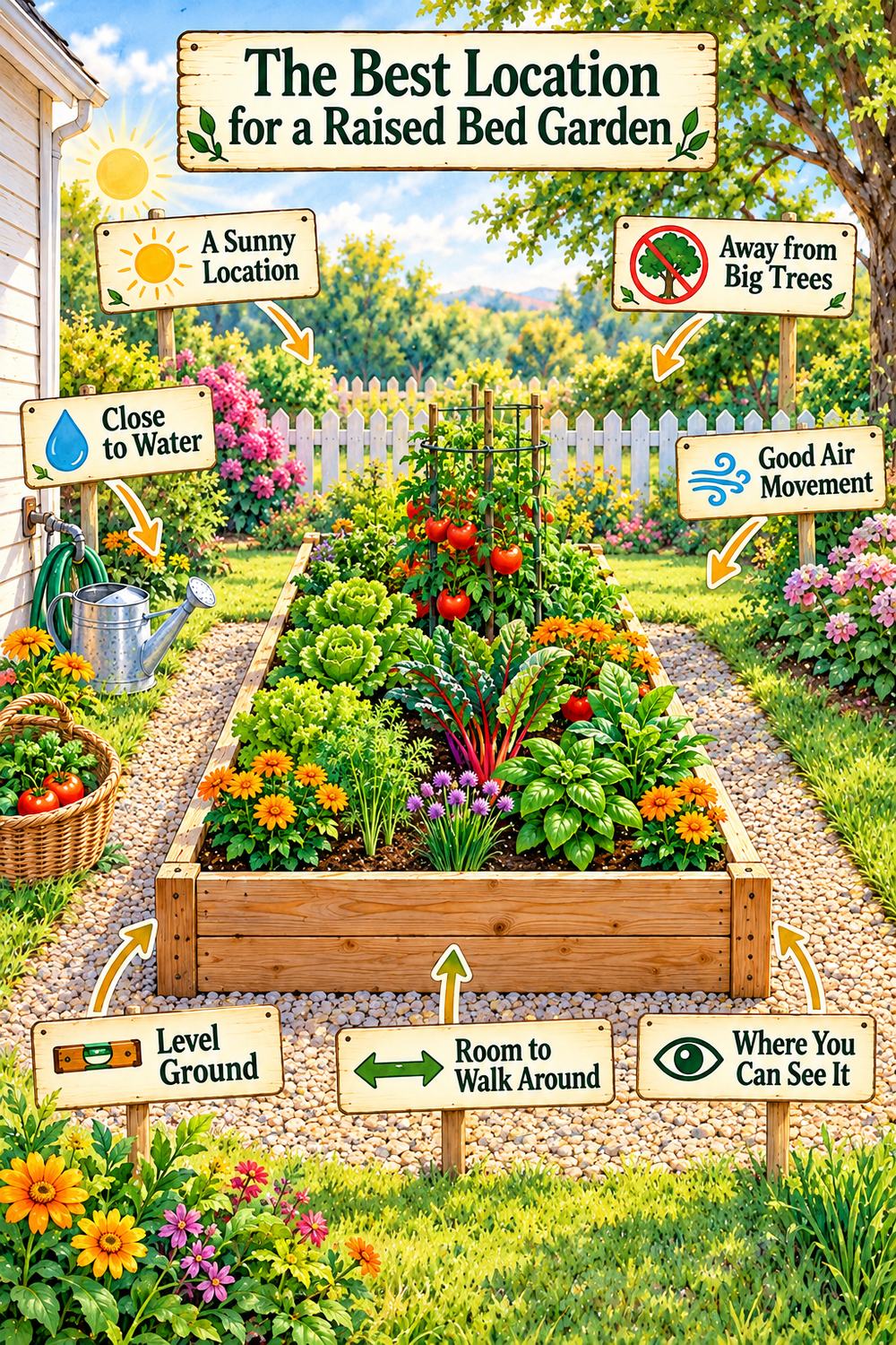 Best location for a raised bed garden: sunny spot, close to water, away from big trees, good air movement, level ground, room to walk around, and where you can see it