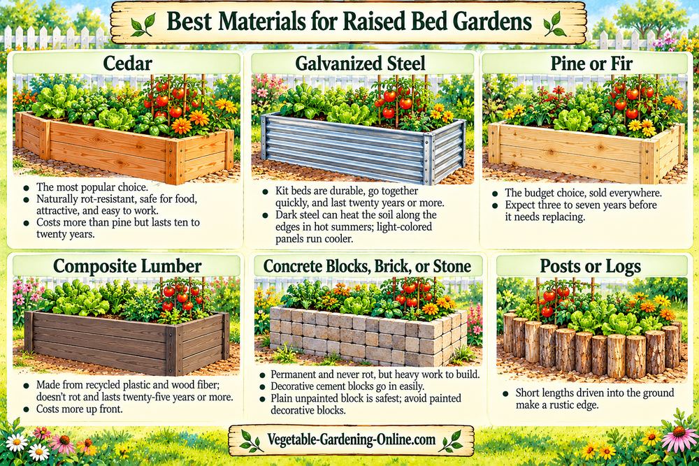 Best materials for raised bed gardens: cedar, galvanized steel, pine or fir, composite lumber, concrete blocks or stone, and posts or logs