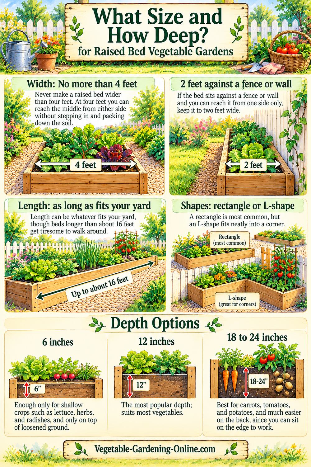 Raised bed size and depth chart: no more than 4 feet wide, 2 feet against a fence, up to about 16 feet long, rectangle or L-shape, and depths of 6, 12, and 18 to 24 inches