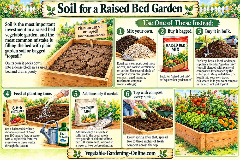 Soil for a raised bed garden: skip plain topsoil; mix your own, buy raised bed mix, or buy blended garden mix in bulk; feed at planting, add lime only if needed, and top with compost every spring