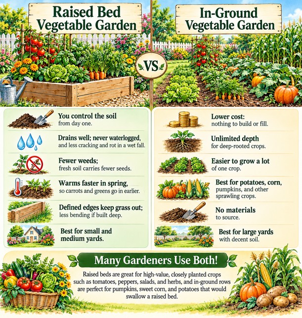 Raised bed vs in-ground vegetable garden comparison chart: soil control, drainage, weeds, and spring warmth versus lower cost, depth, and room for sprawling crops
