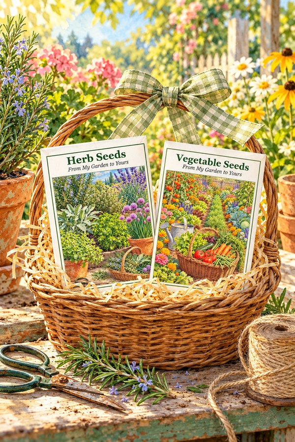 Herb seeds and vegetable seeds packets in a wicker gift basket with a green gingham bow on a garden potting bench