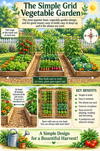 Simple grid vegetable garden design: raised beds running east to west with tall crops at the north end and 18-inch paths between beds