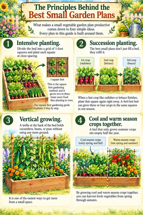 Four principles of small vegetable garden plans: intensive square foot planting, succession planting, vertical growing on a trellis, and mixing cool and warm season crops