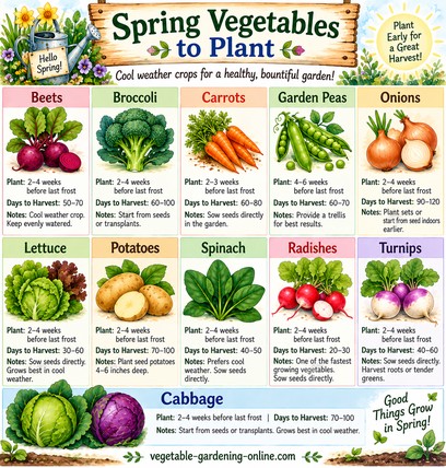 Spring vegetable planting chart with planting time, days to harvest, and growing notes for beets, broccoli, carrots, garden peas, onions, lettuce, potatoes, spinach, radishes, turnips, and cabbage