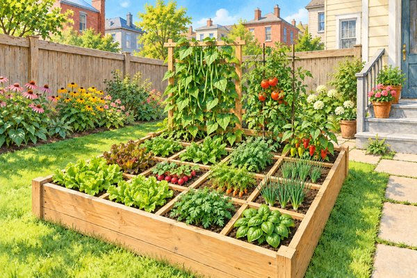 Square foot garden bed with grid