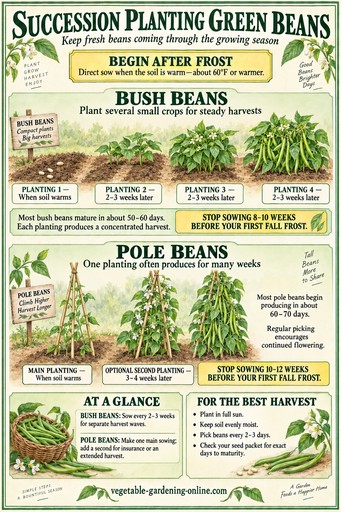 Infographic showing a succession planting schedule for bush and pole green beans throughout the season
